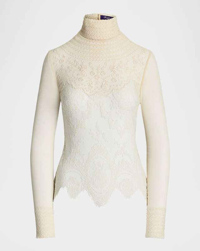 Delilah Embellished Floral Leavers Lace Turtleneck Top